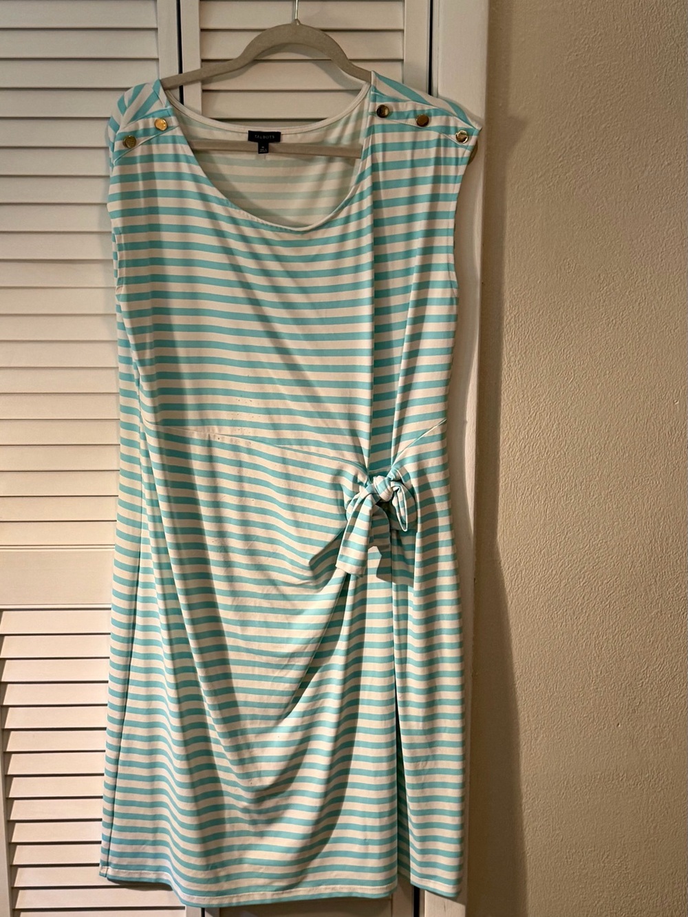 Talbots Mint and White Striped Tie-Waist Sleeveless Dress
